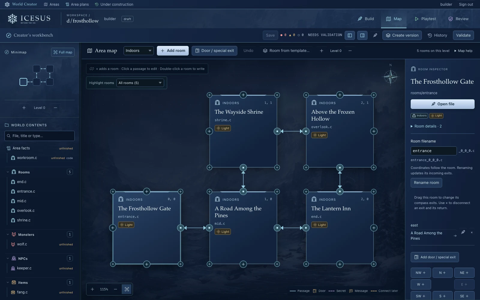 A five-room example area connected on the Icesus Creator map.