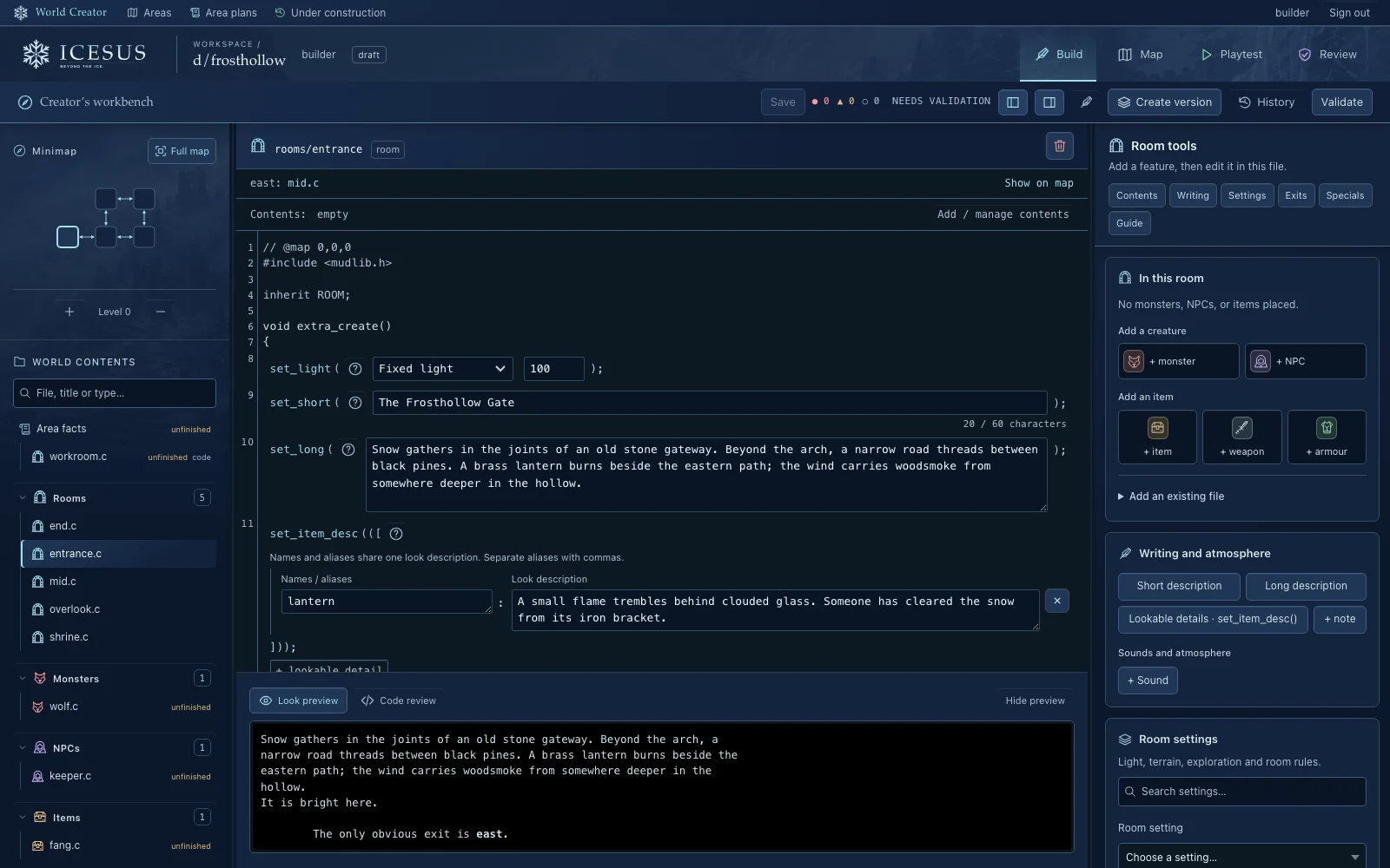 The room editor with editable descriptions inside the room's source, writing tools and a preview of what a player sees.