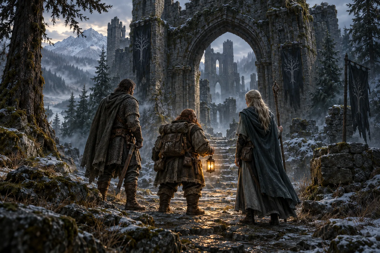 A human warrior, dwarf and elven mage gather at the entrance to a ruined fortress.