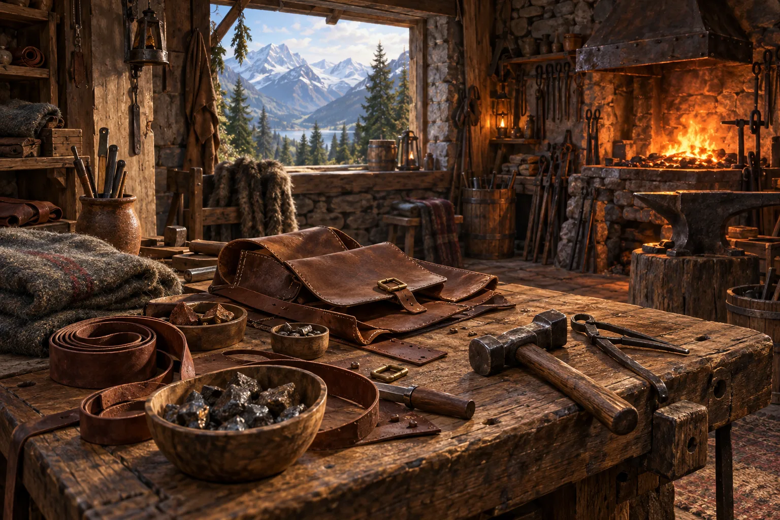An artisan’s warm workshop, with leatherwork, hand tools and a glowing forge overlooking the mountains.