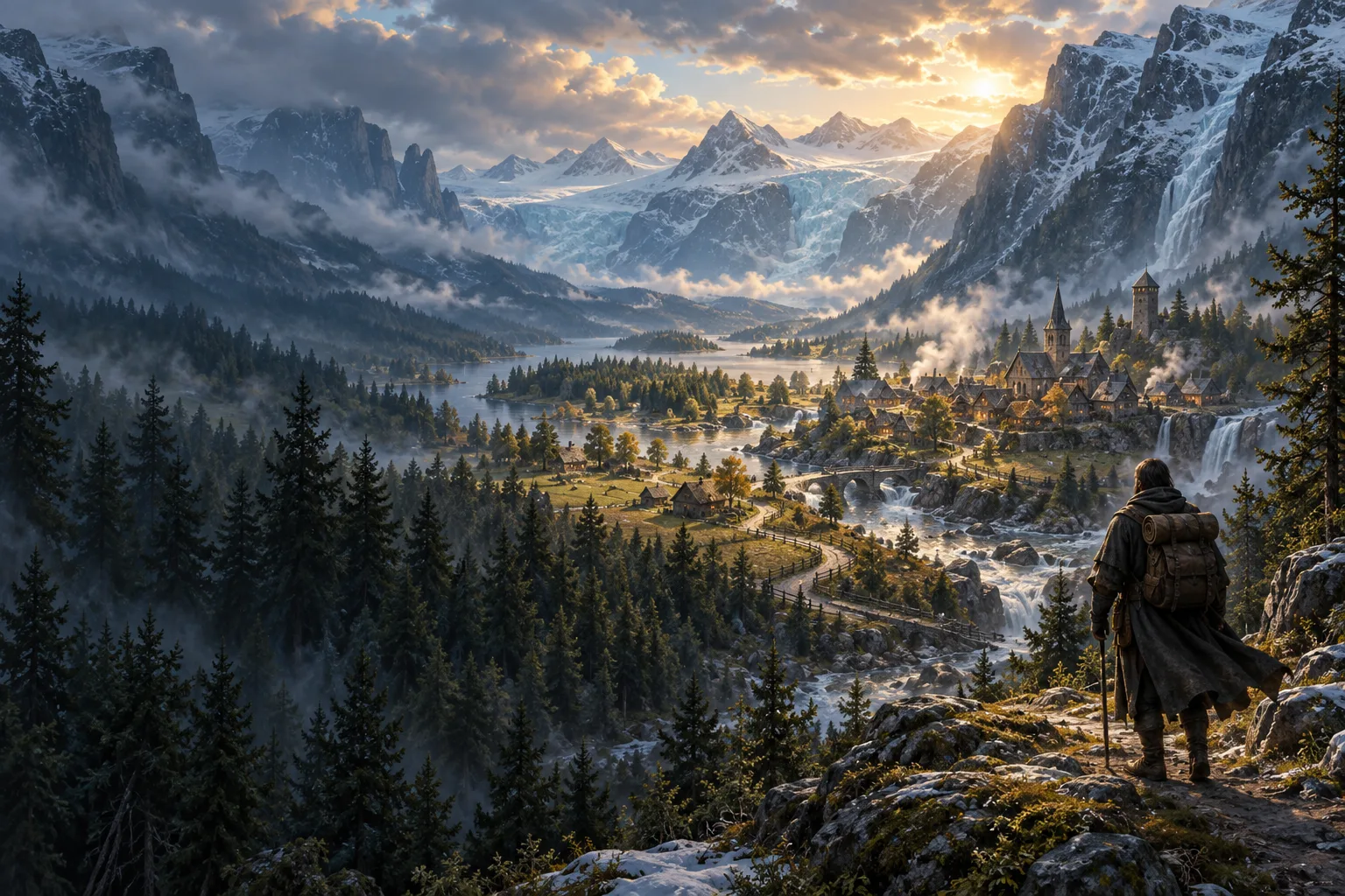 A traveller follows the road towards a warmly lit town in a green valley sheltered by immense glacial mountains.