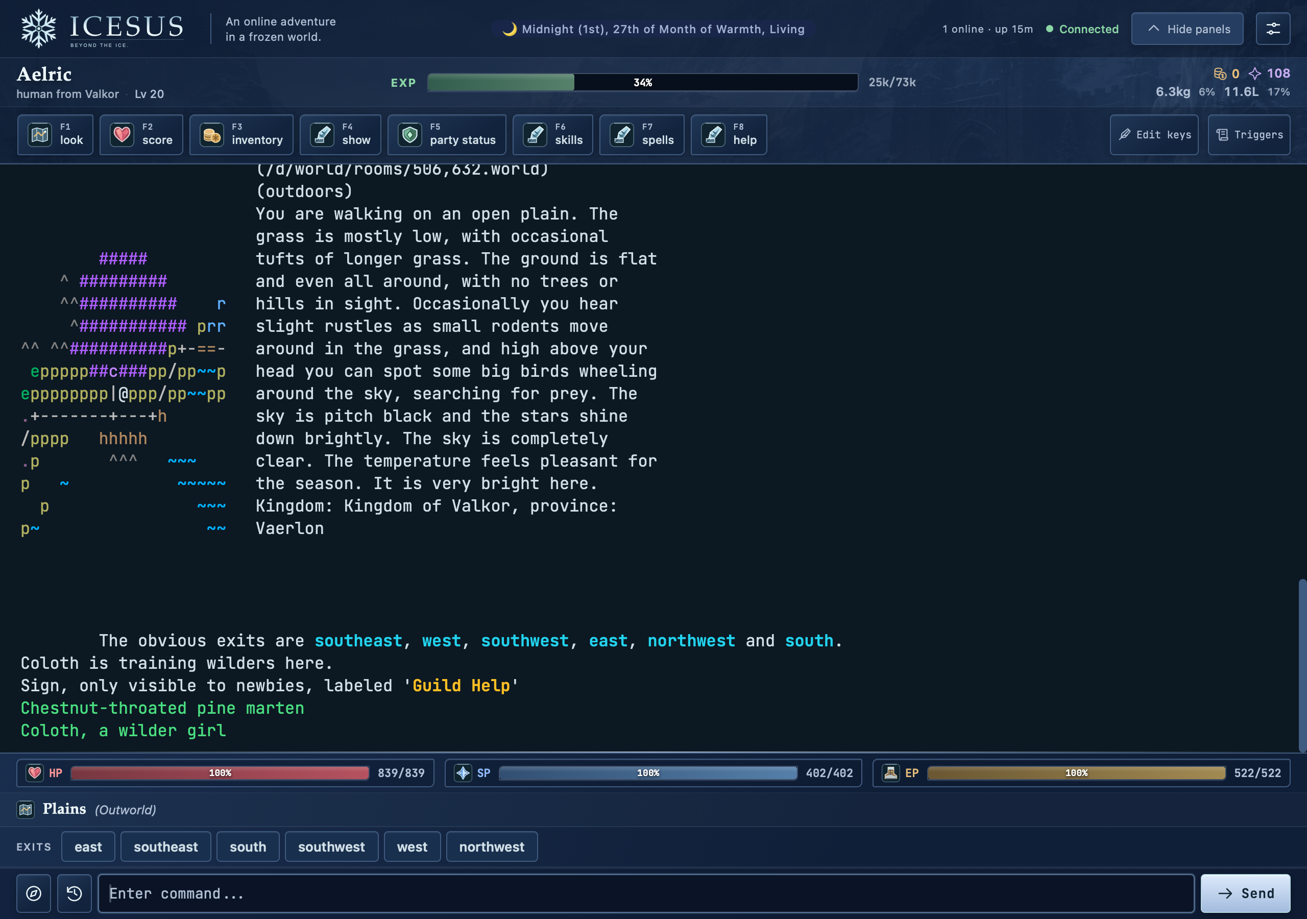 Actual Icesus browser gameplay: a description of the plains outside Vaerlon, a colourful text map, character resources and movement controls.