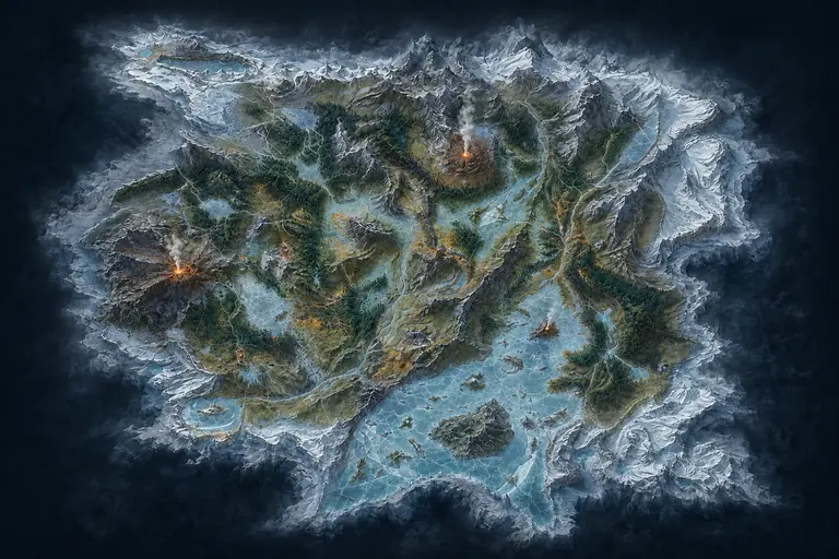Illustrated atlas of the Valley of Icesus, with forests, lakes and volcanic warmth enclosed by ice.