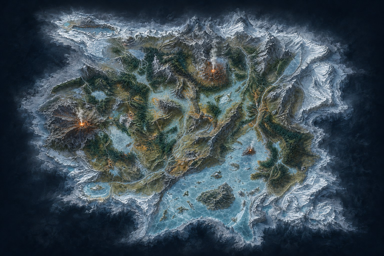 An illustrated map of the Valley of Icesus: a mountain and glacier enclosure, frozen lakes, sheltered forests, and three glowing volcanoes in the west, north, and southeast.
