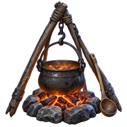 An iron cooking pot over a small campfire