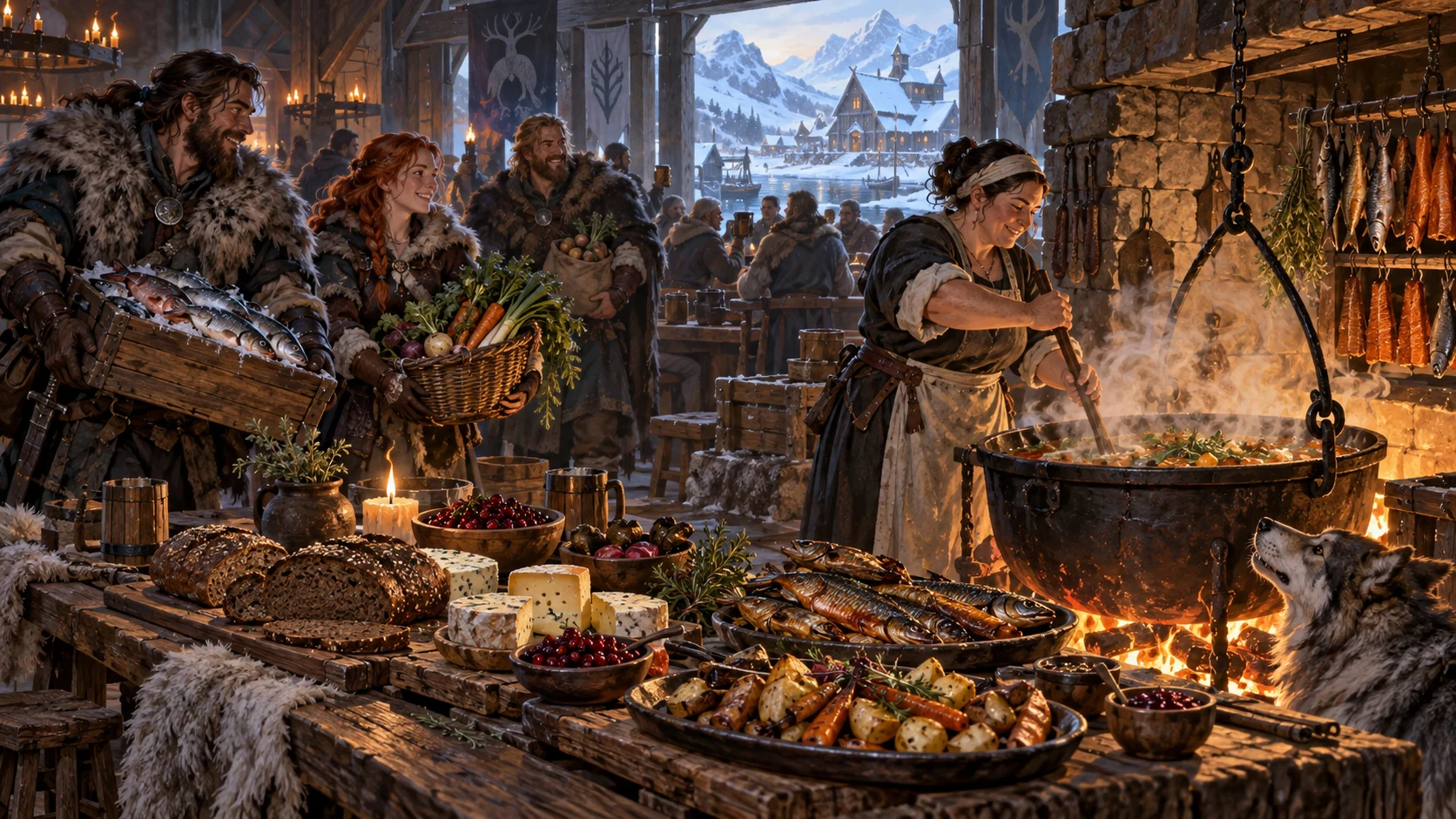 Cooks and adventurers preparing a meal at a village food hall