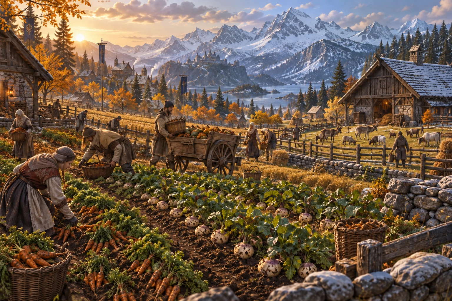 Players gathering root crops and grain beside a pasture of reindeer and goats