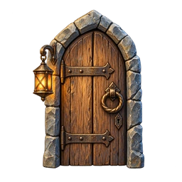 A welcoming timber door with a bronze knocker and lantern