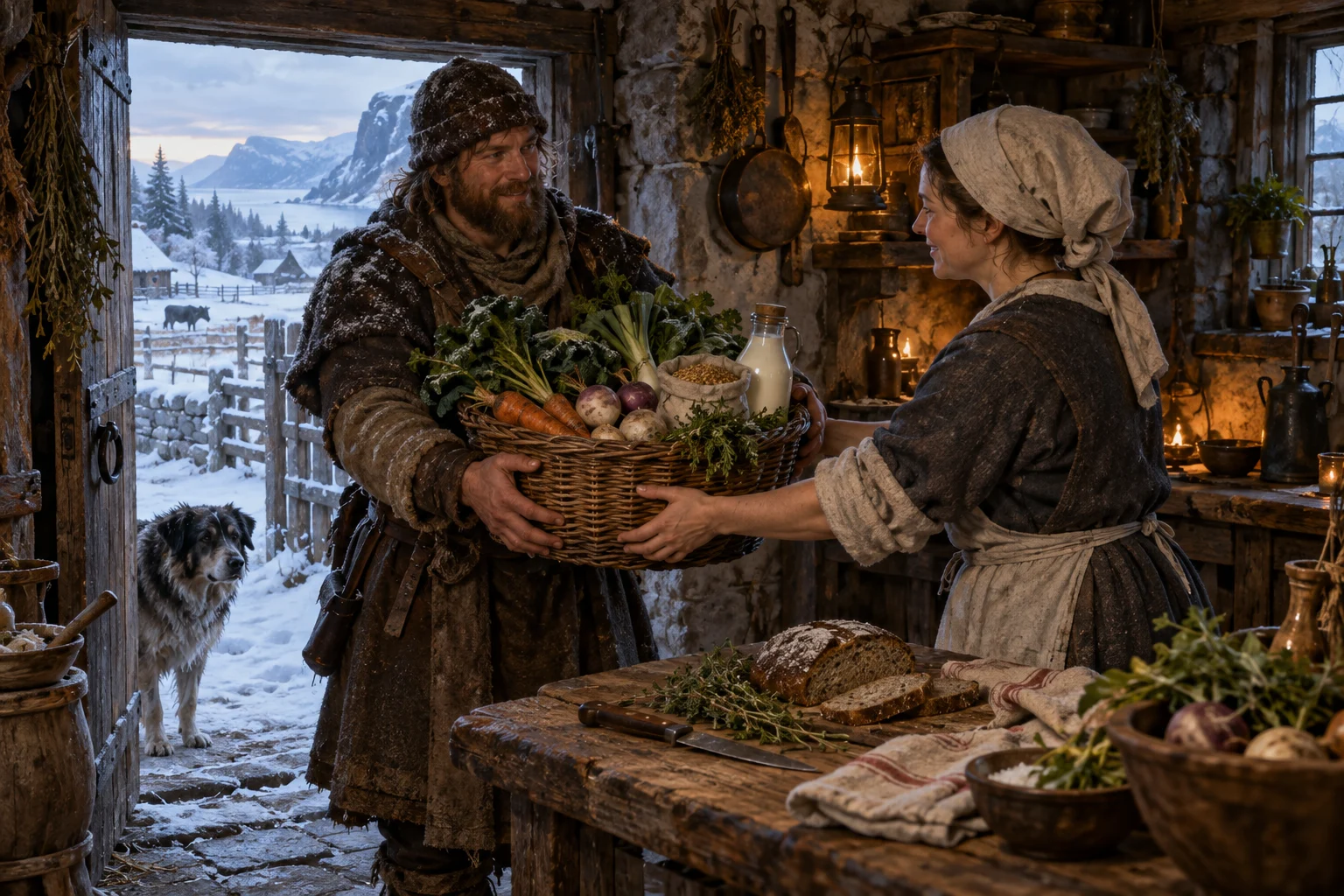 A farmer delivering fresh harvest and milk to an inn kitchen