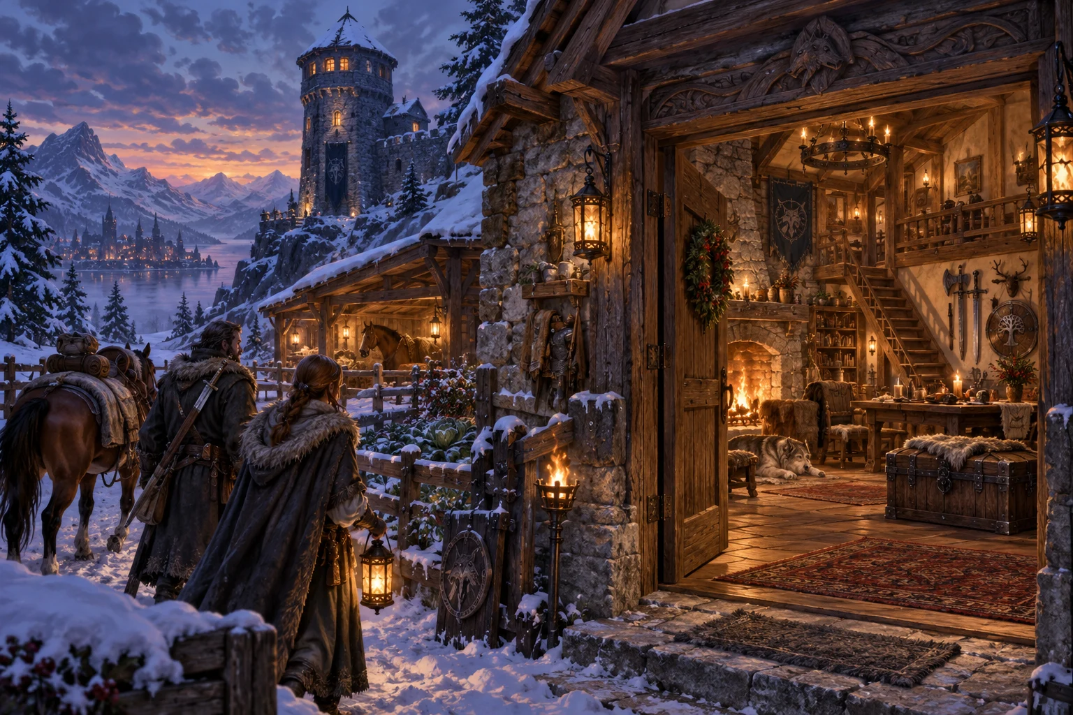 A warmly lit personal home with a chest, hearth and adjoining stable