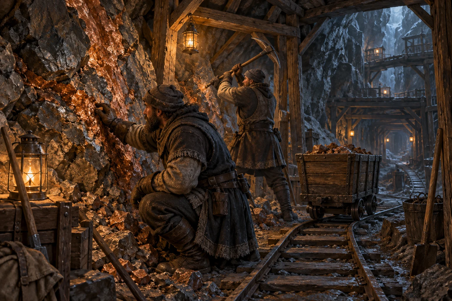 Miners working an ore vein in a timber-supported underground tunnel