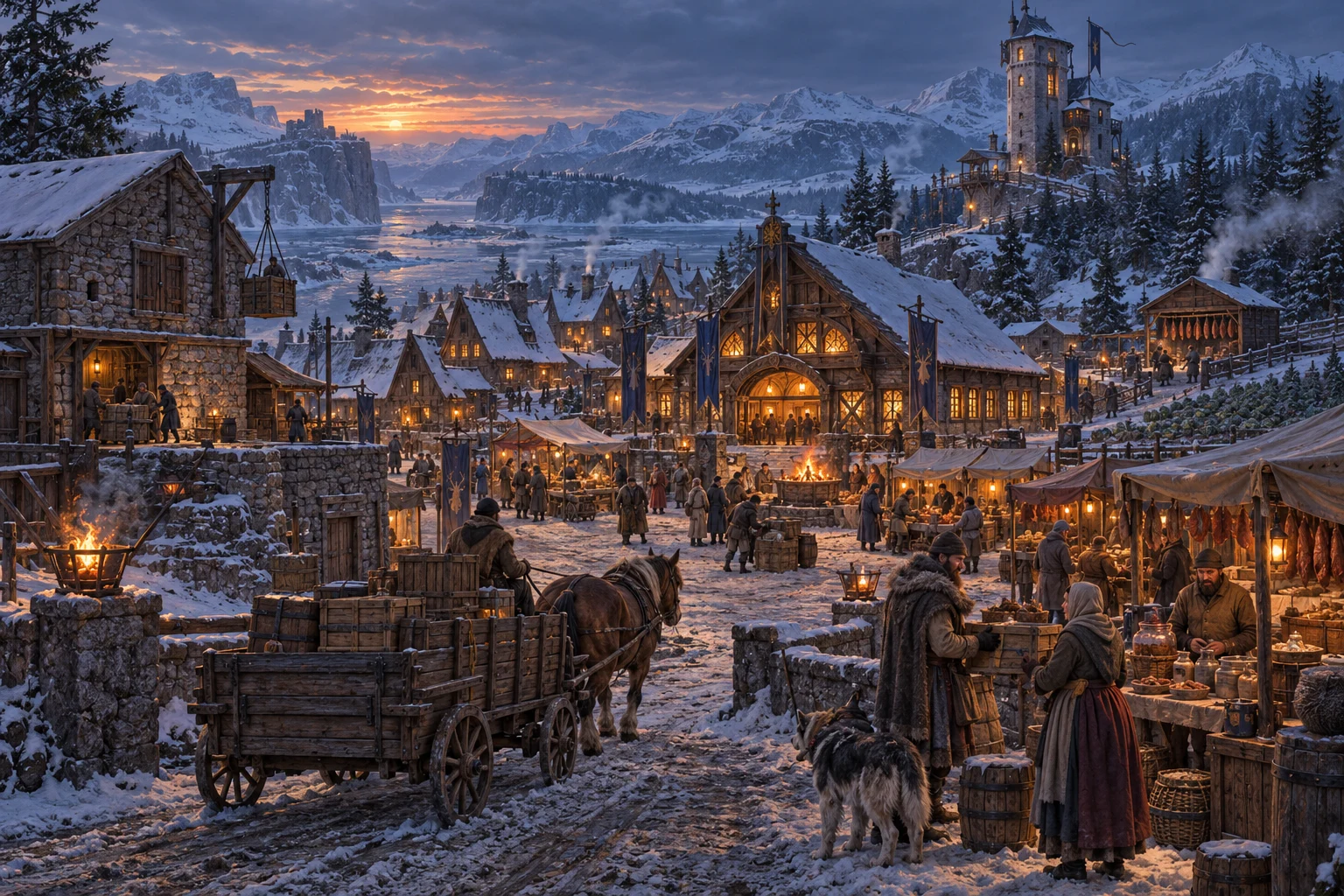 A player-built northern village with a market, farms, food hall and tower