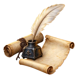 A feather quill, inkpot and parchment for writing room descriptions
