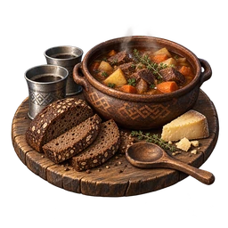 A shared serving board with stew, rye bread, cheese and cups