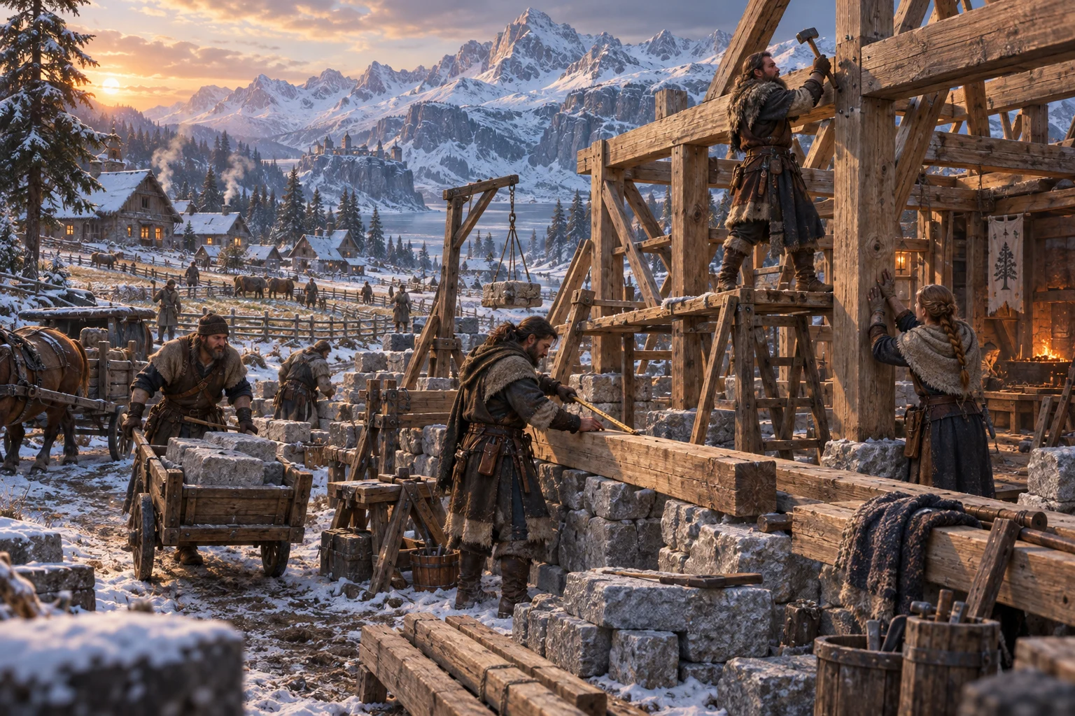 Builders fit timber beams above new stone walls in a snowy province.