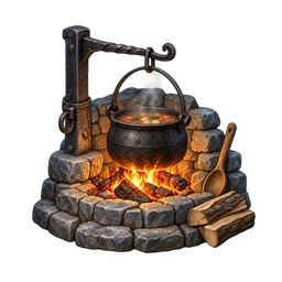 A stone village hearth with a suspended cooking pot