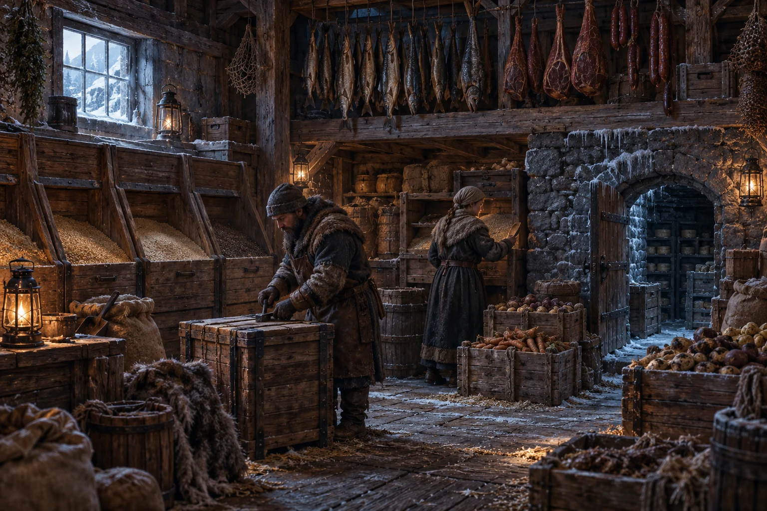 Workers filling grain bins and sealing provisions in the winter storehouse