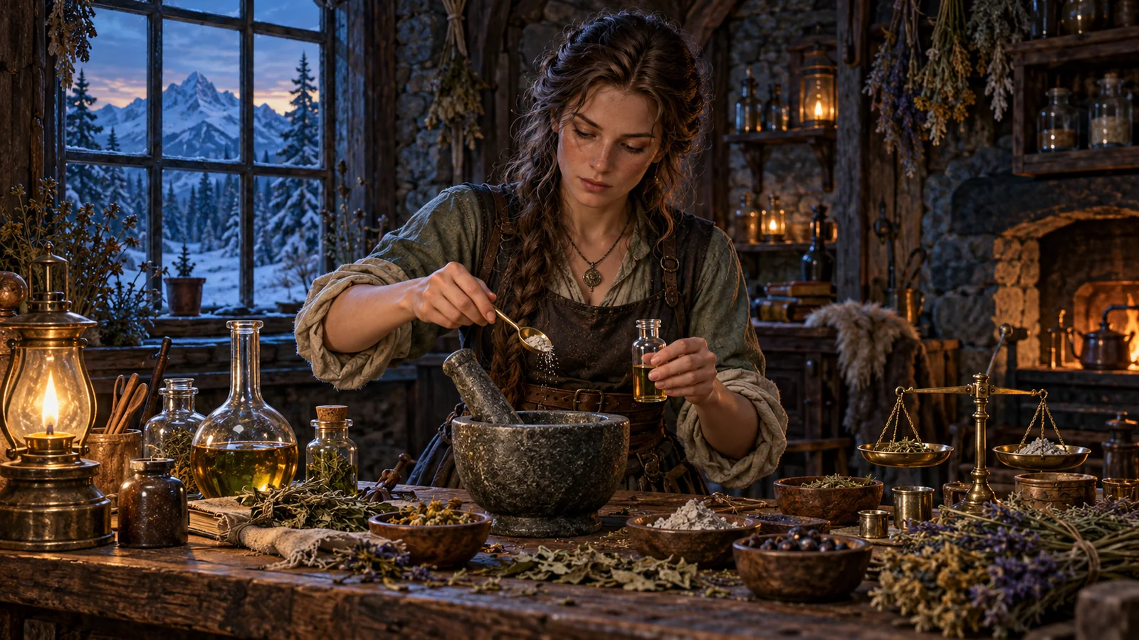 An alchemist measures ingredients beside a mortar, herb bundles, glass vessels and a small balance in a warm apothecary.