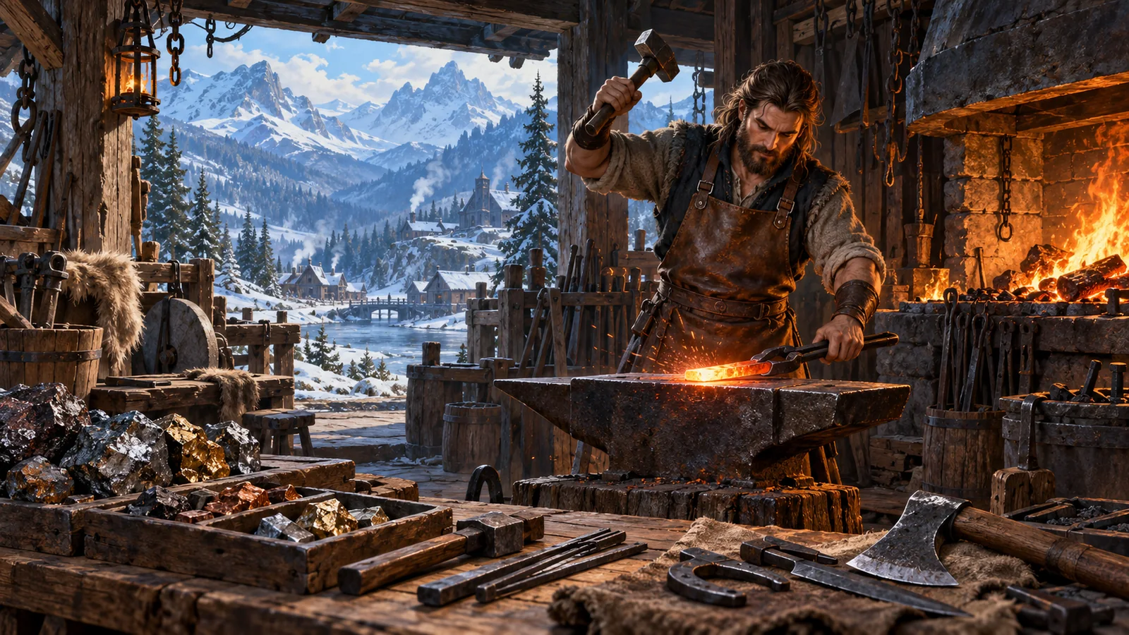 An artisan works glowing metal in a warm forge, with tools and raw materials beside a winter valley.