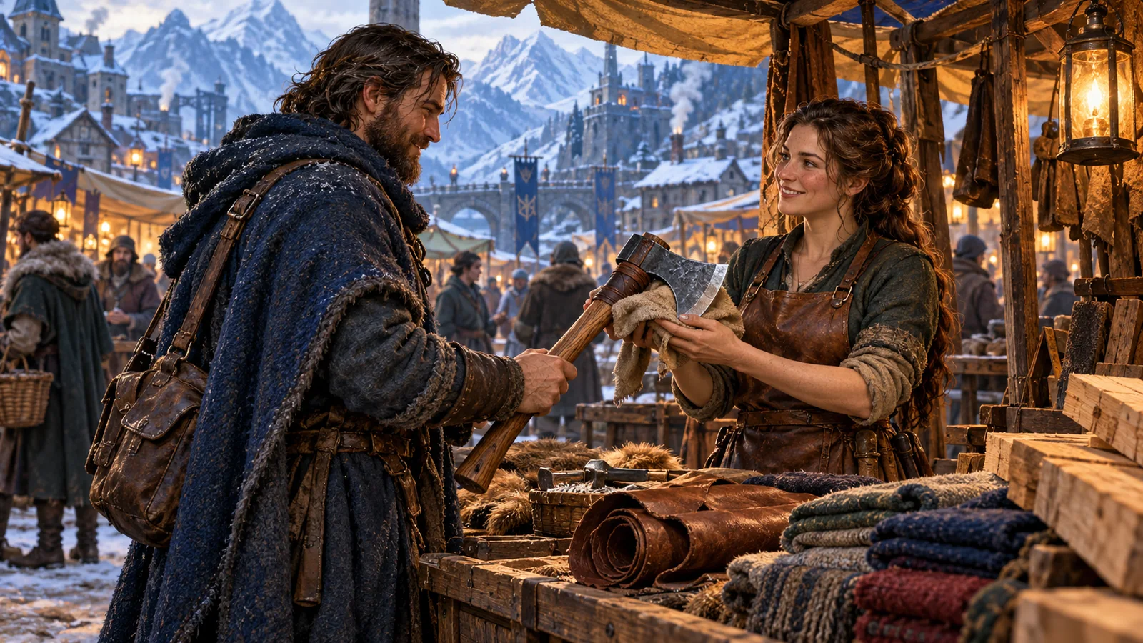 A traveller and an artisan exchange handcrafted goods at a warmly lit market stall in a winter settlement.