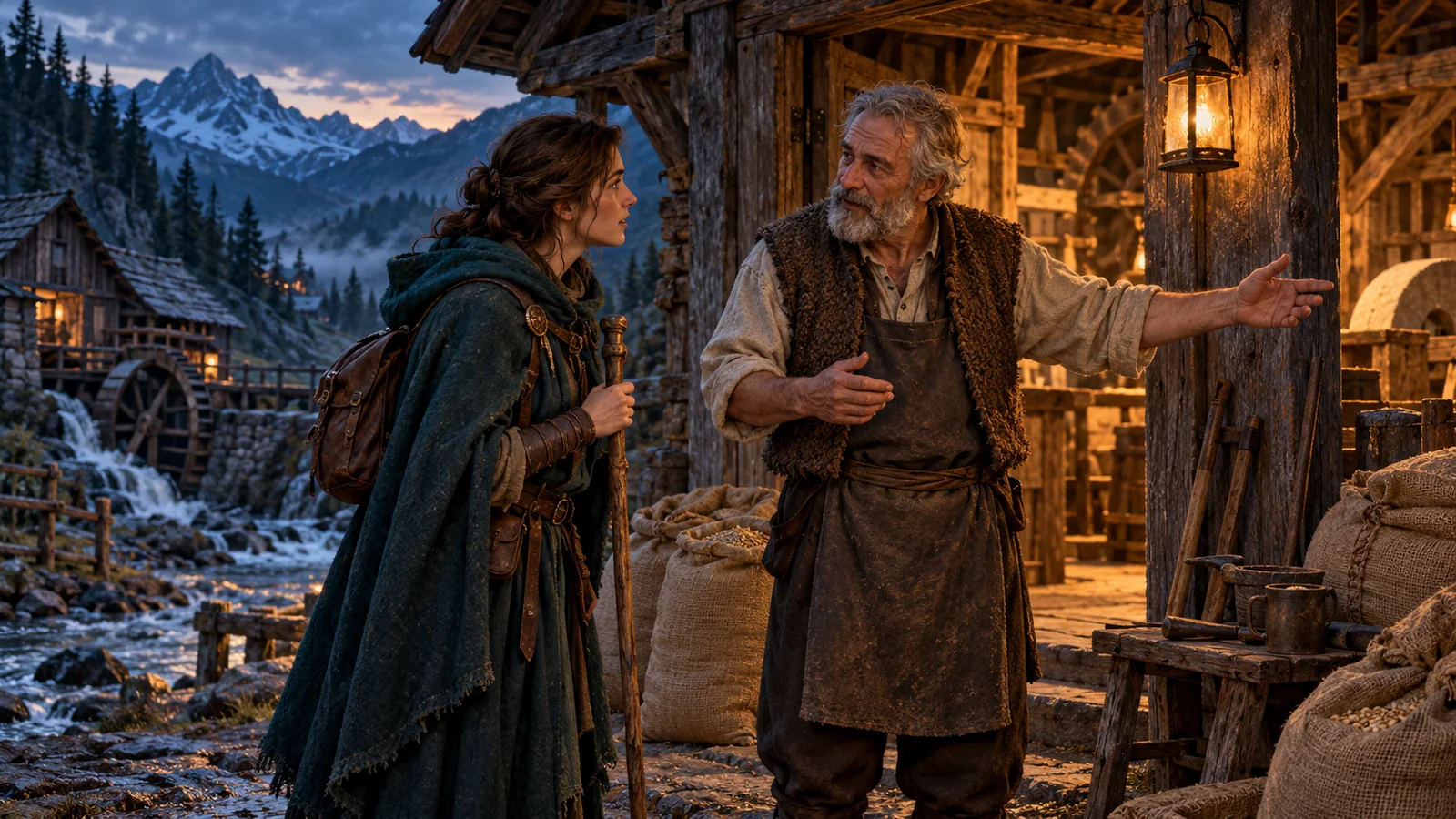 A traveller listens to a local inhabitant beside sacks and practical tools in a warmly lit timber doorway.