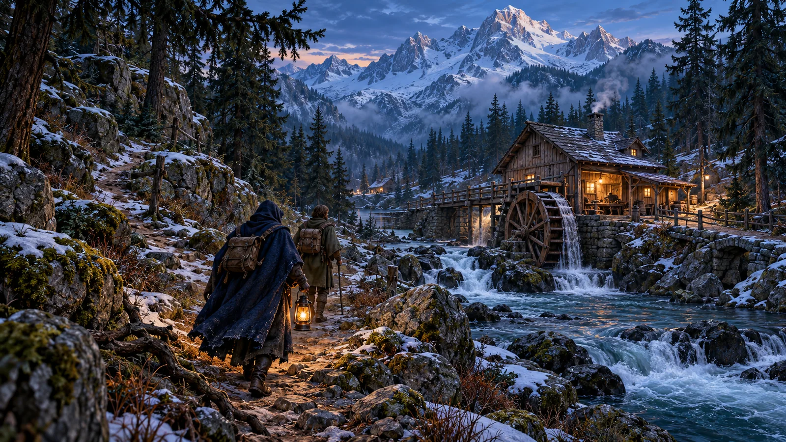 Travellers follow a winding path through a cold pine valley toward a timber mill beside a stream.