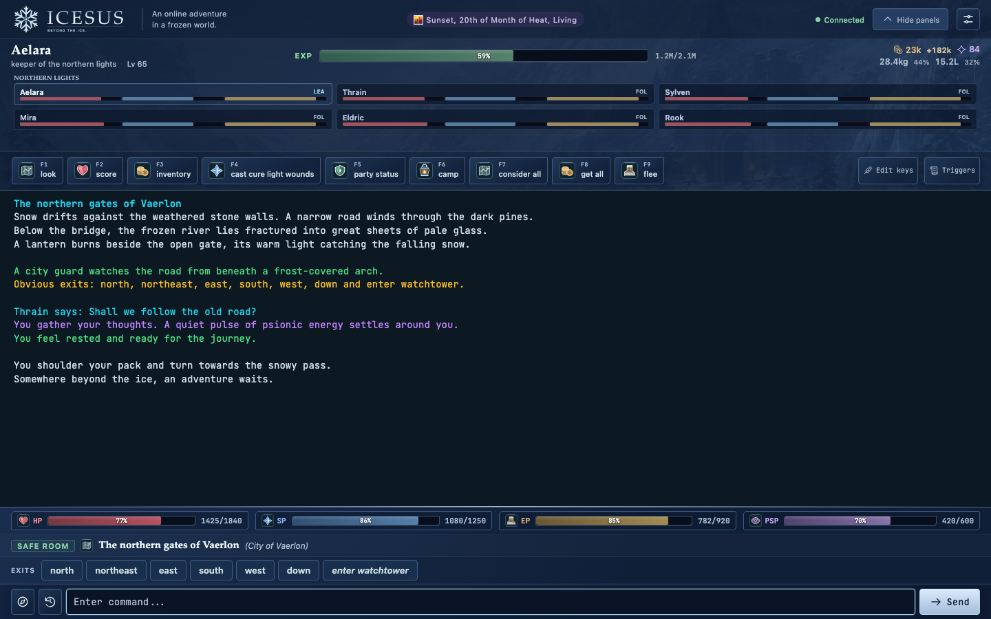 Example text adventure in the Icesus browser client, with a map, character resources, and command controls.