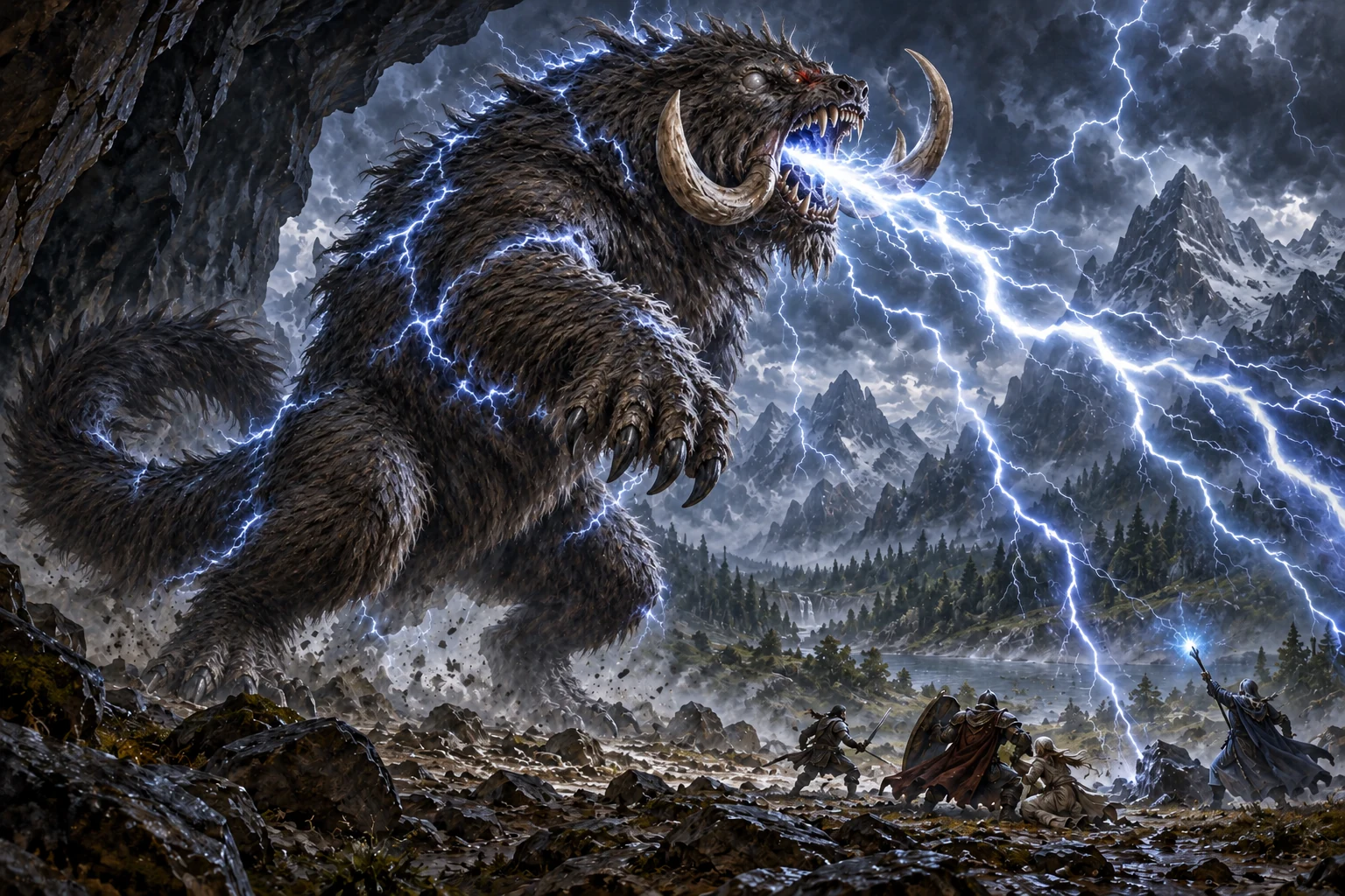 The tusked Ancient Behemoth rears at a cavern mouth, electricity crackling over its body as forked lightning threatens a small party beneath a storm.