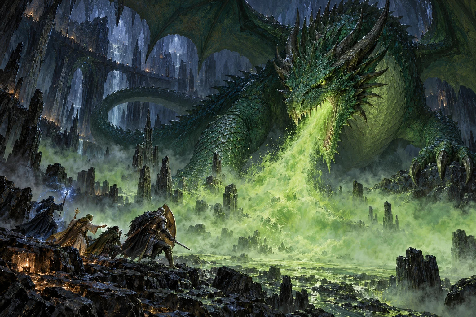 Ghuatzskh, an immense emerald-scaled dragon, floods a cavern with corrosive breath as a small adventuring party braces below.