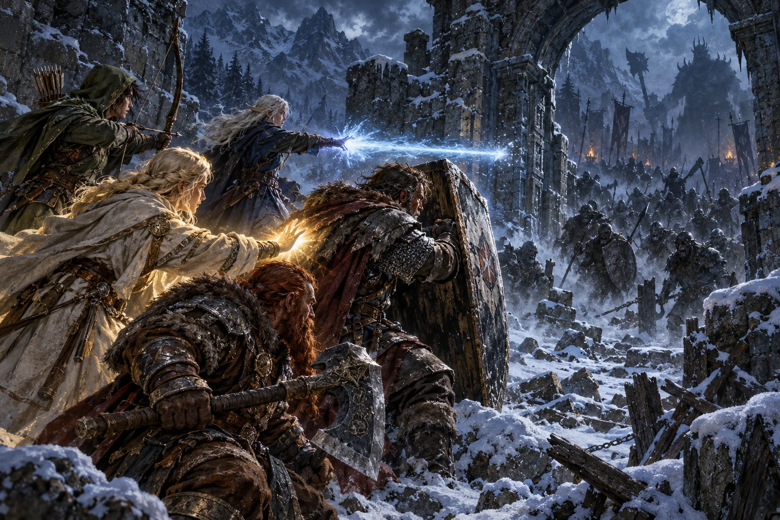 A human shield warrior and dwarf hold a snowy ruined gate as a ranger aims, an elven mage casts and an air priest tends the front line.
