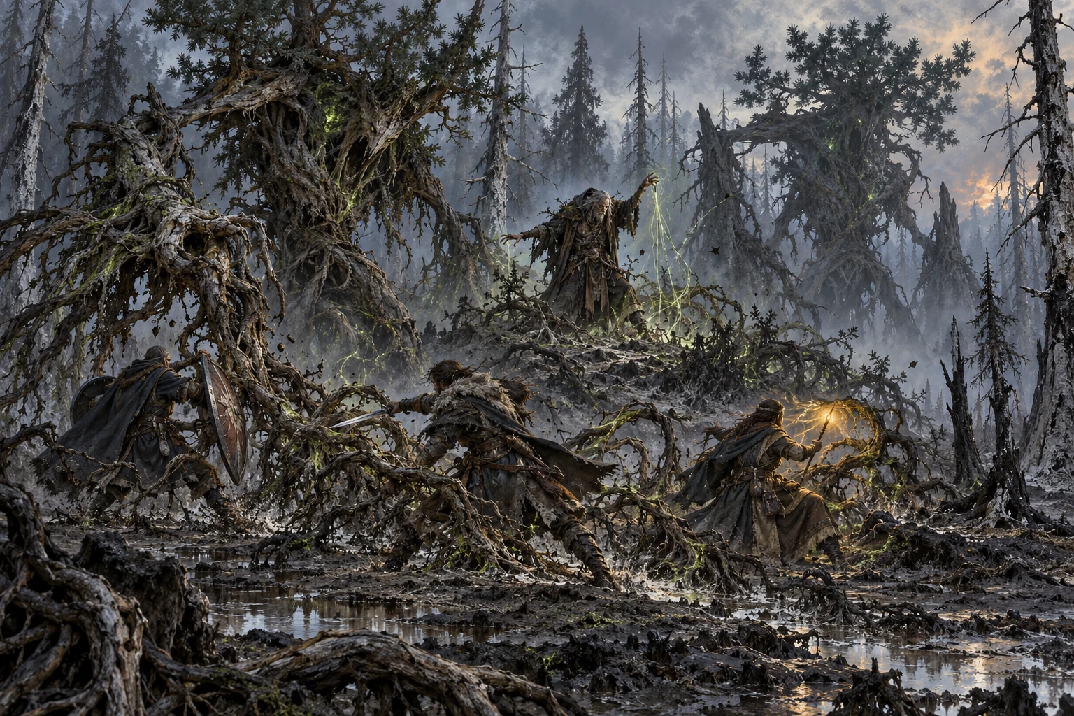 Neralath, a frail dark druid, draws power from ashen earth while enormous corrupted treants rise around a party fighting in a defiled pine grove.