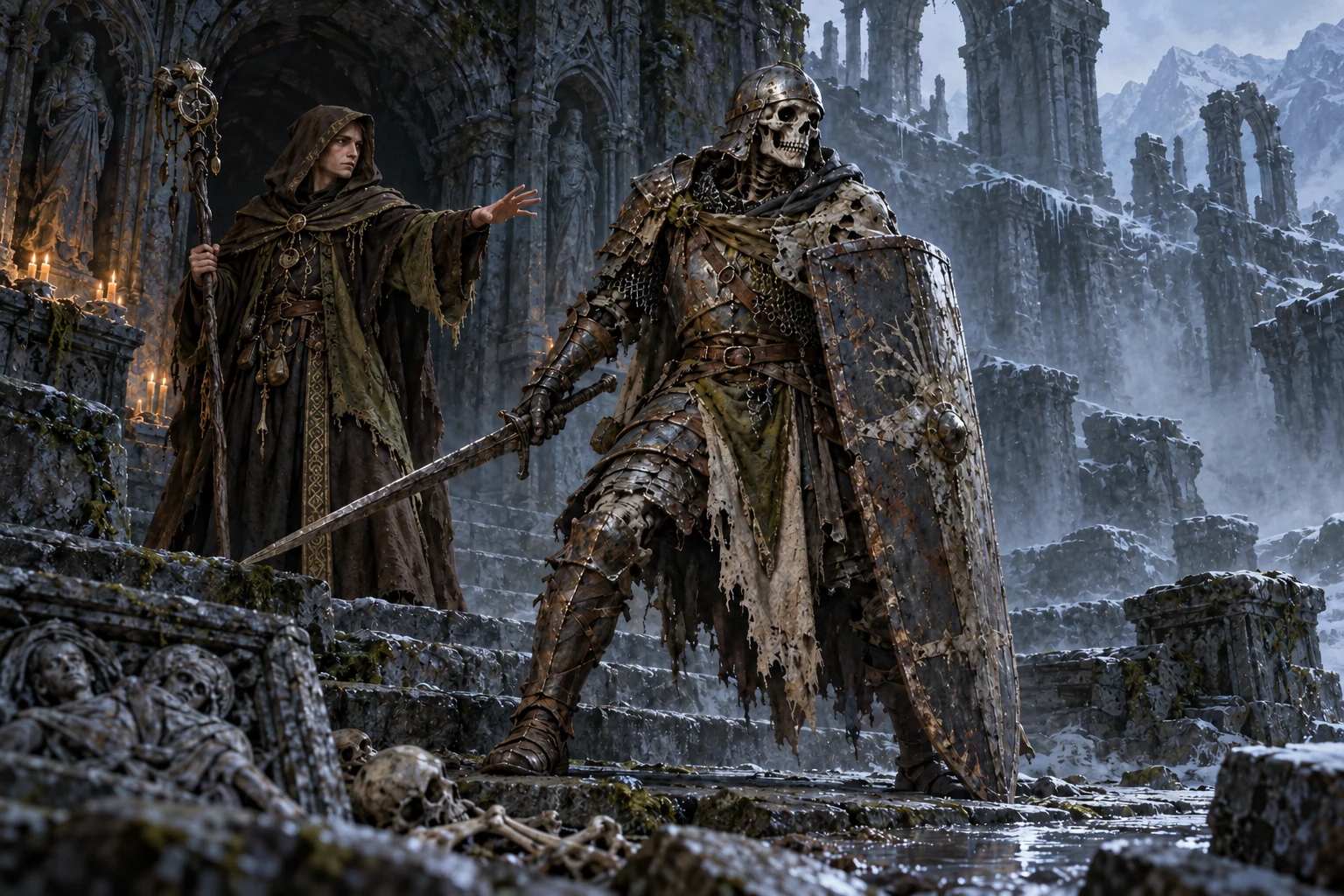 An Earthpriest in brown robes directs a single armoured skeletal servant among the ruins of a frozen crypt.