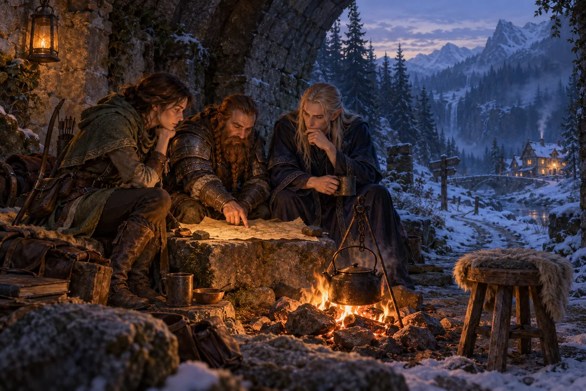 A ranger, a dwarf and an elf share a map beside a fire, with an empty stool ready for another traveller.