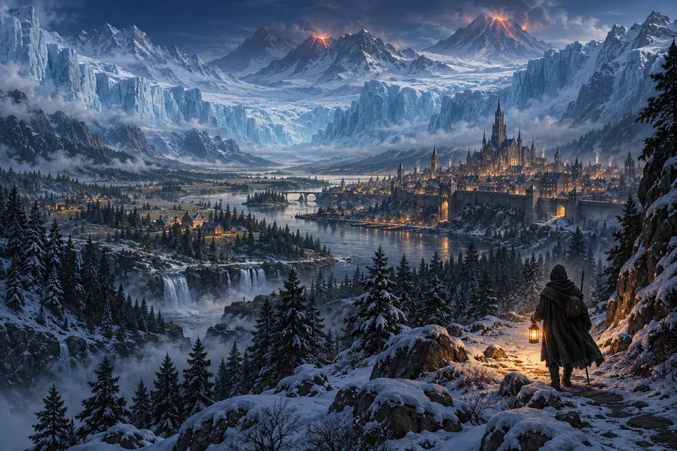 A traveller with a lantern looks across a forested valley toward a lit city, sheltered by glaciers and volcanic peaks.