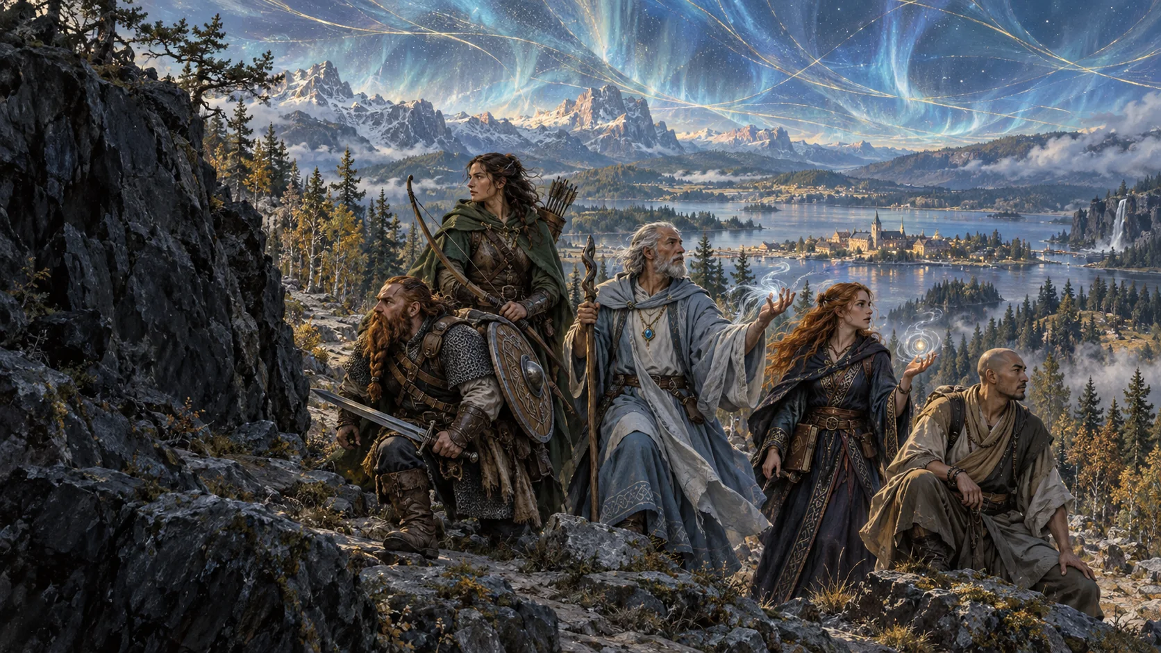 Five adventurers from different guilds share a trail above the inhabited Valley of Icesus beneath its blue-and-gold magical sky.
