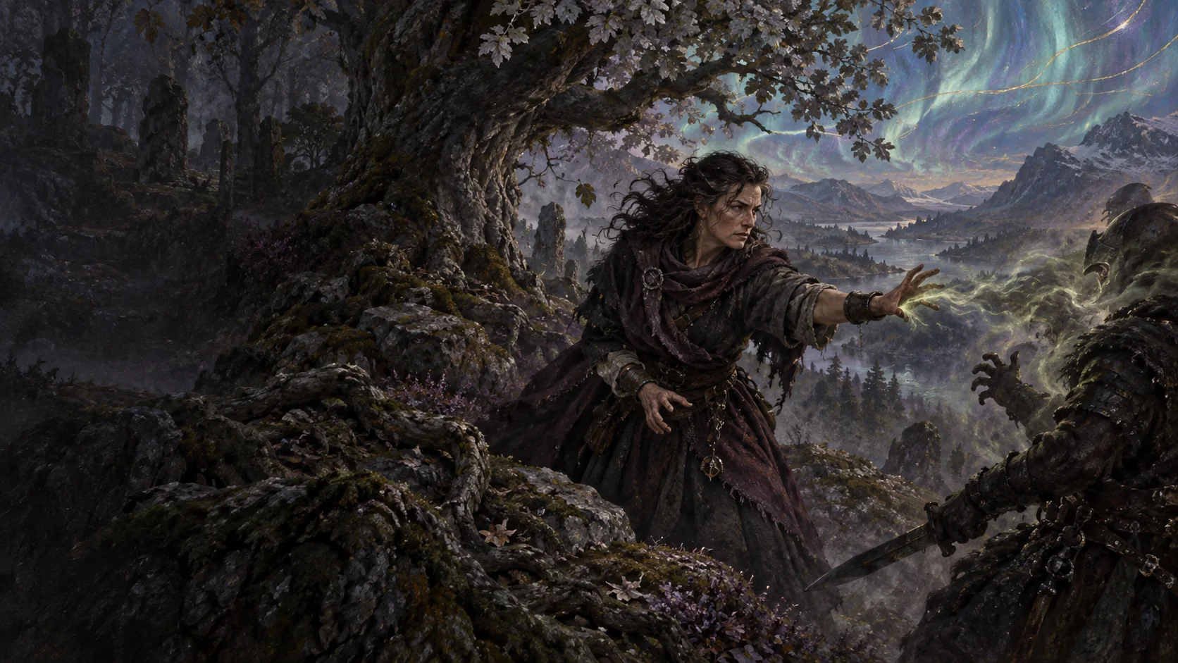 A Coven member channels corrosive magic through bare hands above witch-iron wristbands beneath an old oak.