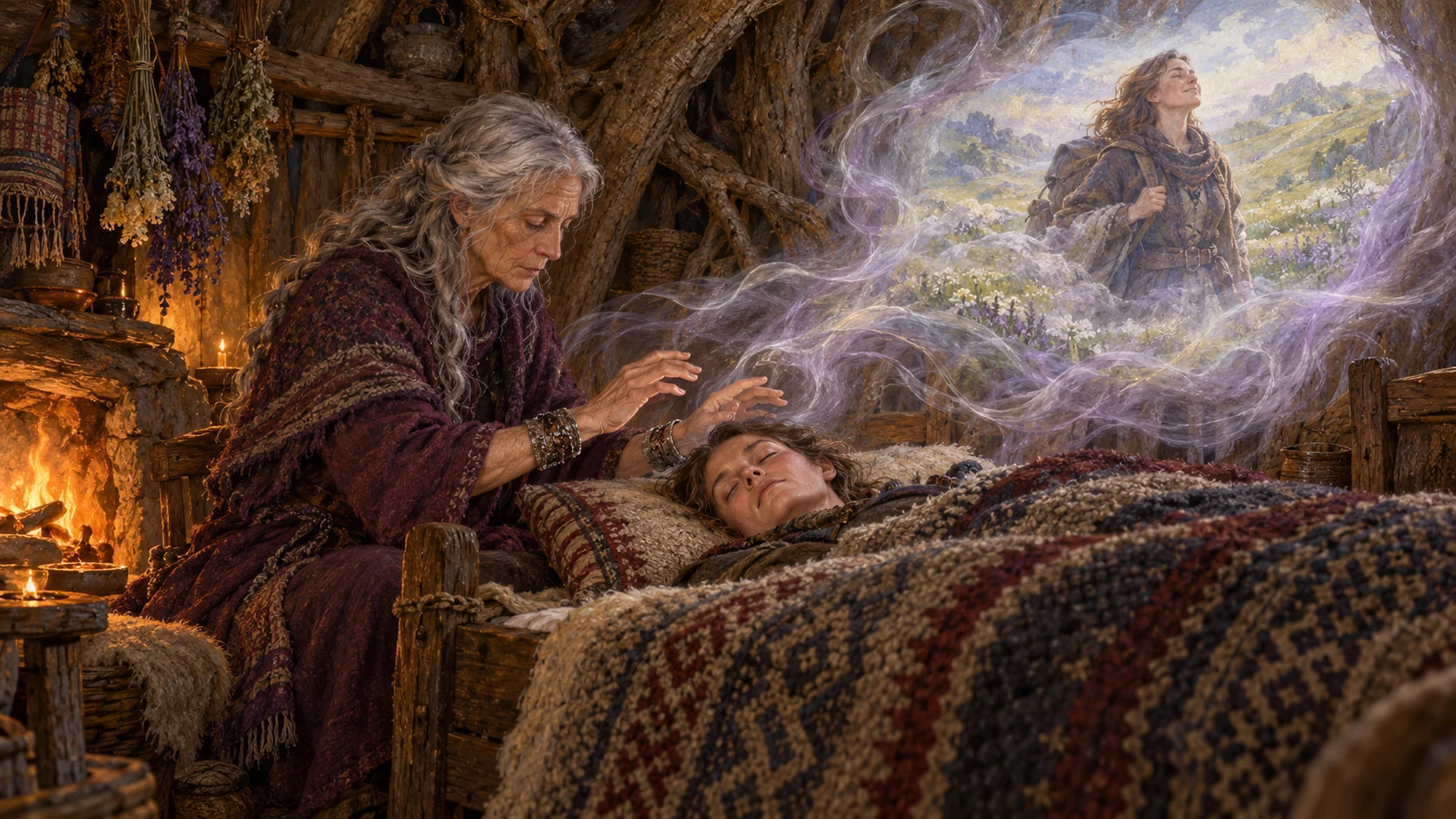 A Coven dreamweaver wearing corroded iron wristbands tends a sleeping companion amid a restorative dream.