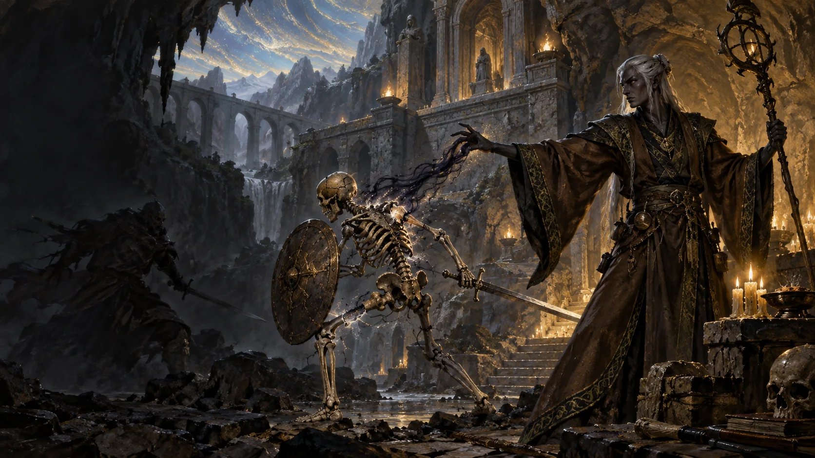 An Earthpriest restores a skeletal servant with dark nether energy beneath a stone temple.