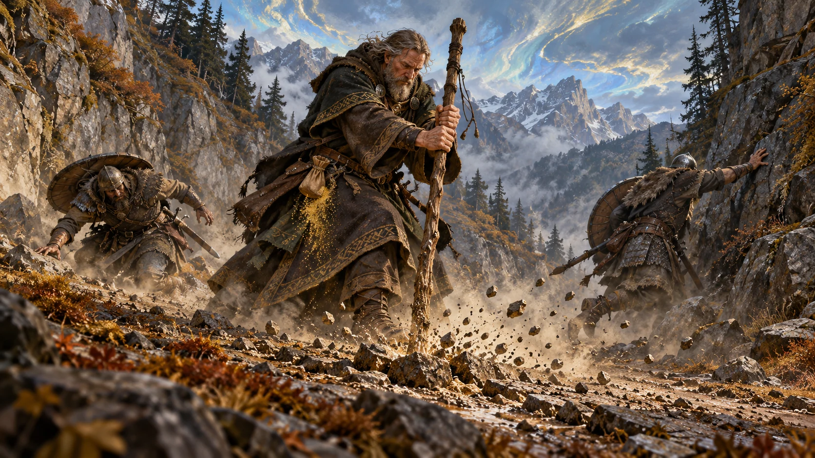 An Earthpriest strikes the ground with his staff as a tremor unbalances foes in a rocky pass.