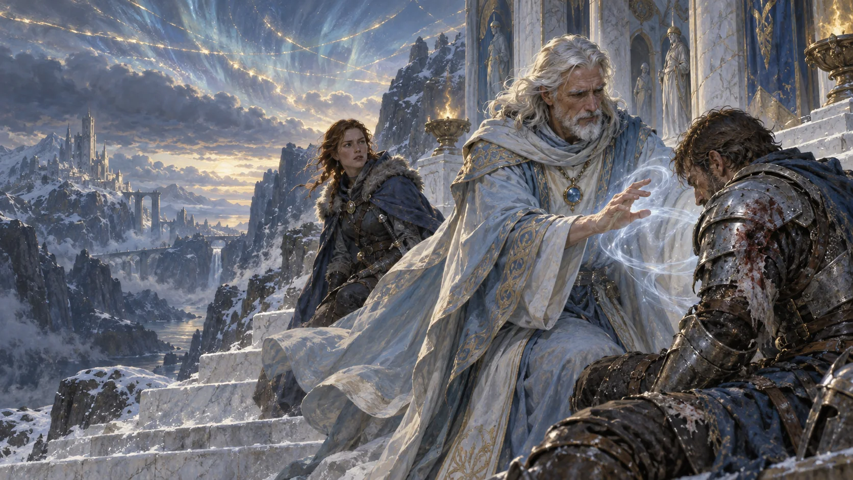 A blue-robed Airpriest directs healing currents toward a wounded companion on temple steps.