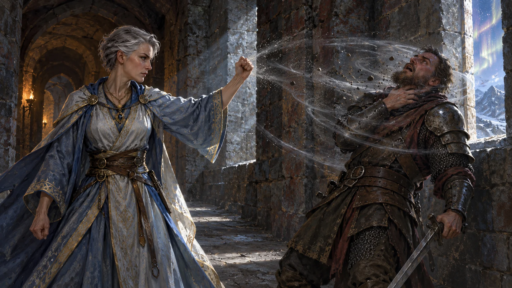 A blue-robed Airpriest clenches her fist as a gasping wind surrounds an armoured attacker.