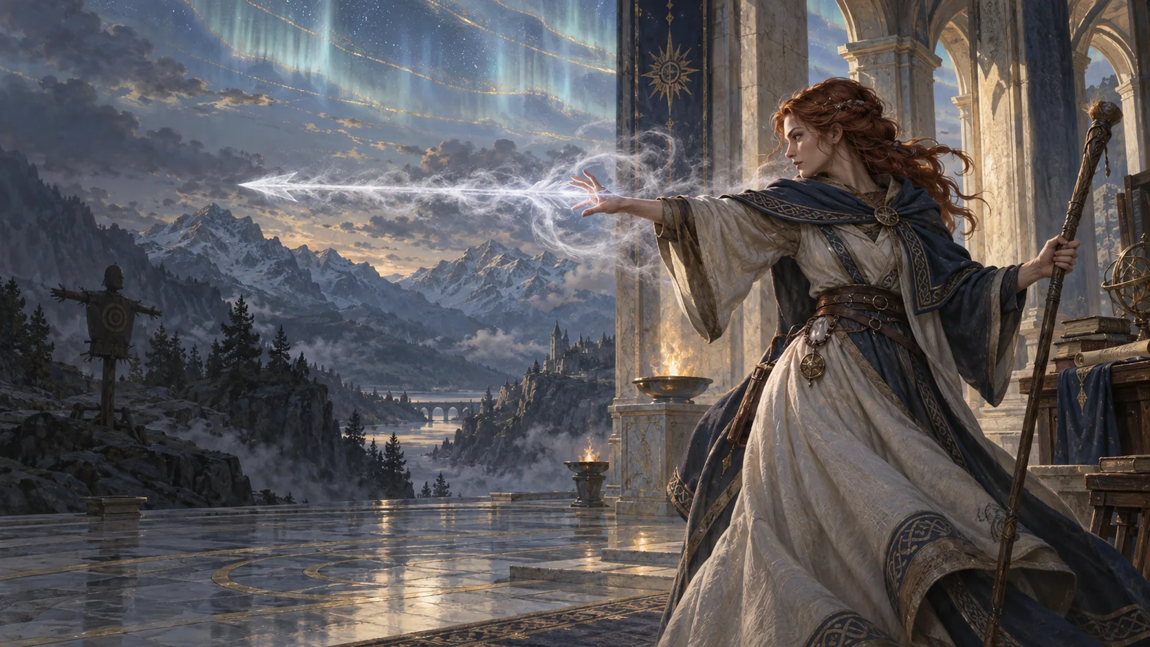 A Mage deliberately shapes an arrow of steam in a marble teaching hall.