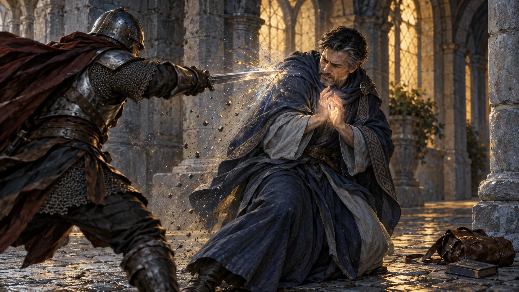A Mage braces as a sword strike sparks against the nearly invisible protection of Mana Shield.