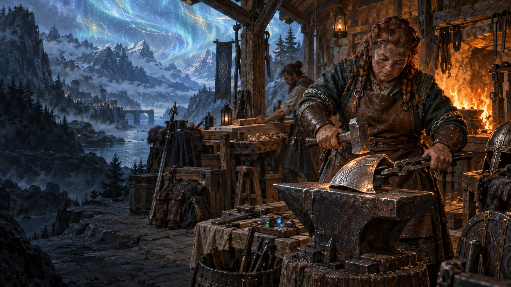 A dwarf smith shapes armour on an anvil while a carpenter works timber nearby.