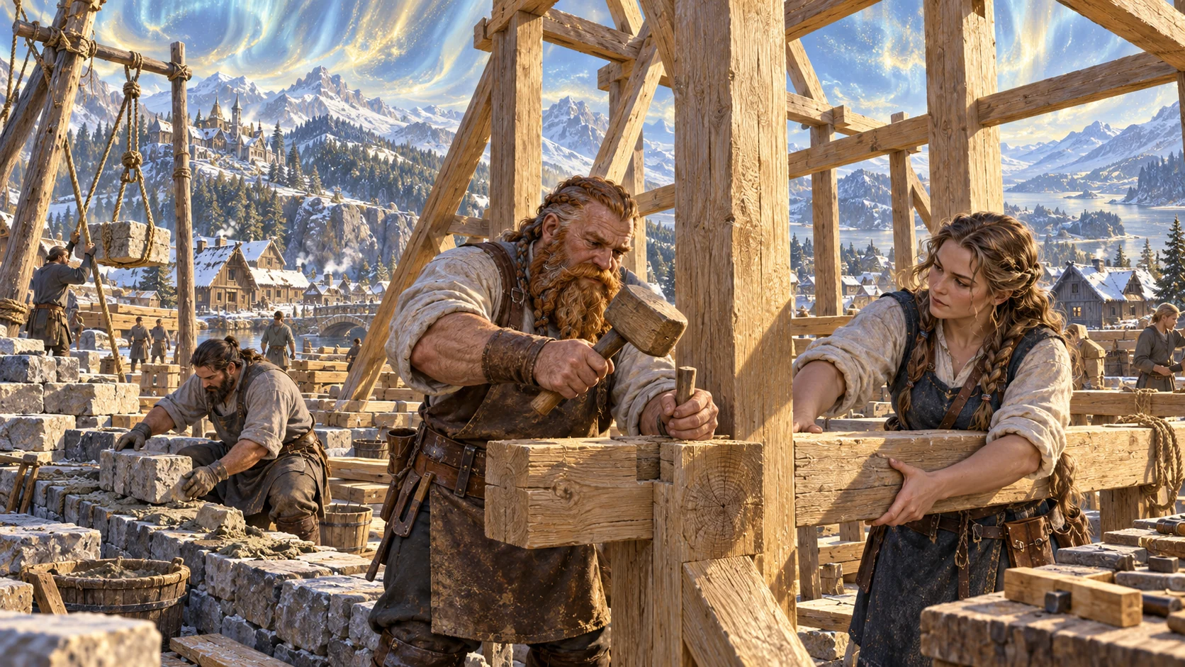 Artisans join heavy timber above a stone foundation while a mason works on the new settlement building.