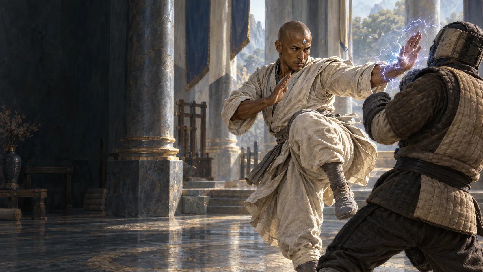An unarmed Monk releases a restrained lightning arc through a flowing palm strike.