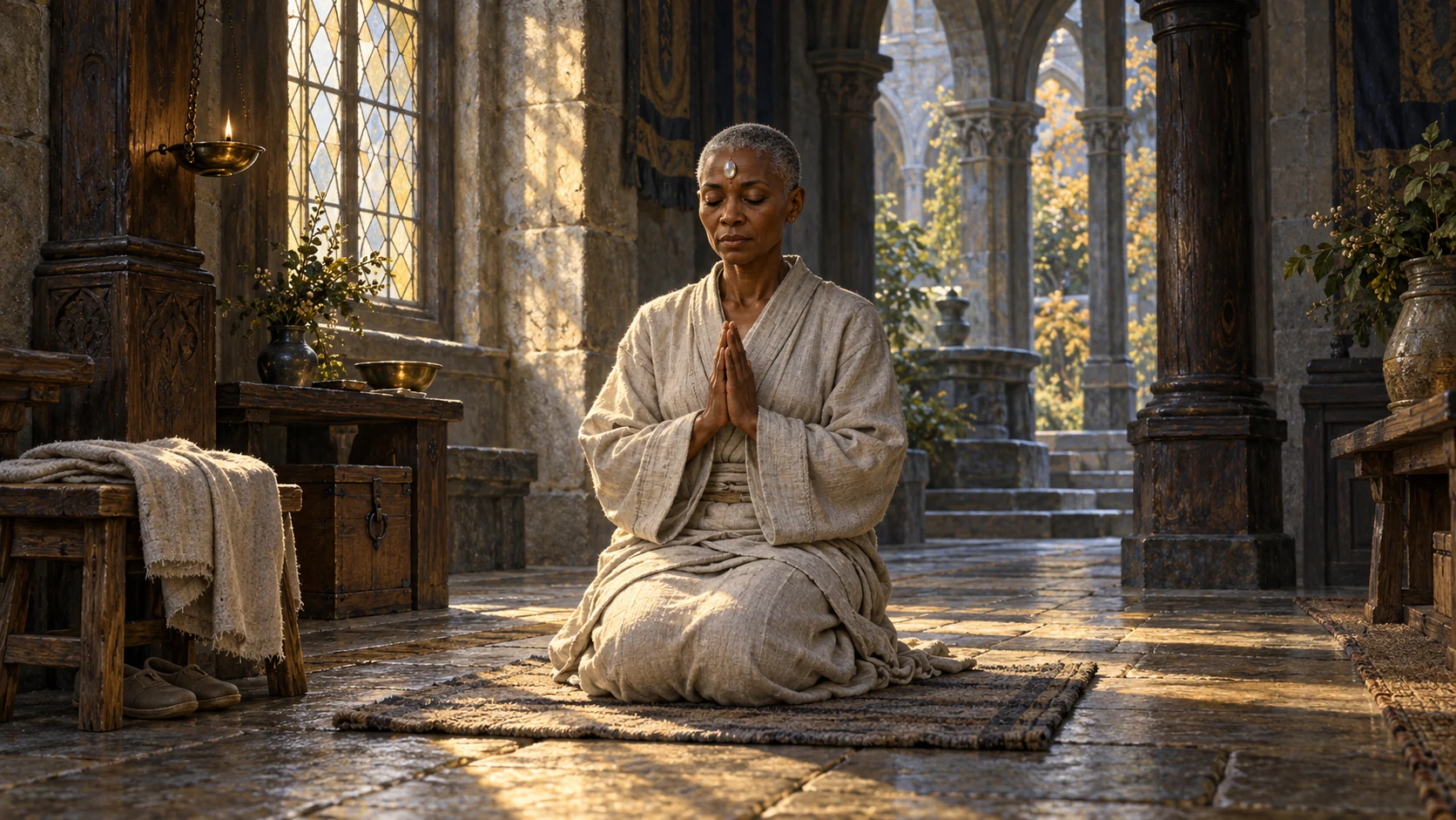 A Monk kneels in a quiet stone cloister with palms together, gathering concentration before battle.