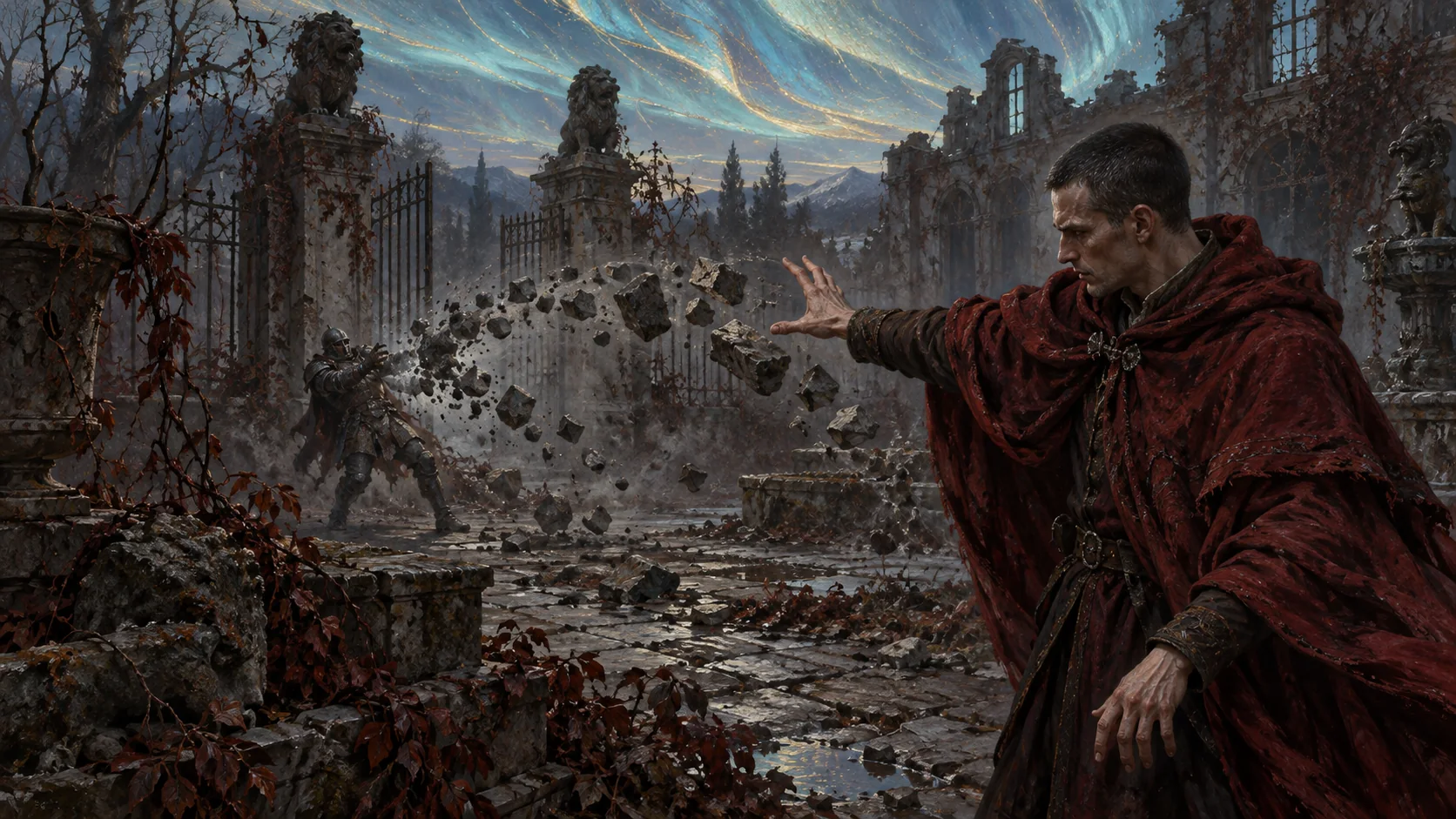 A crimson-cloaked psionicist projects invisible force through an arc of paving fragments.