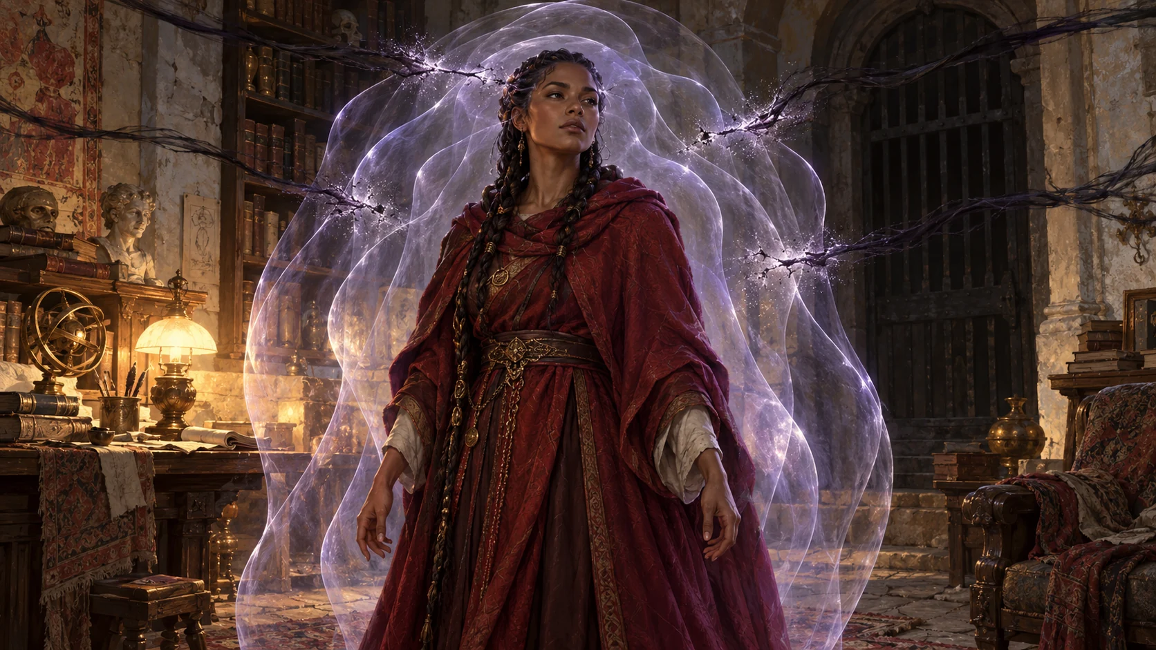 A crimson-cloaked psionicist fortifies body and mind with layered psychic barriers as hostile probes unravel.