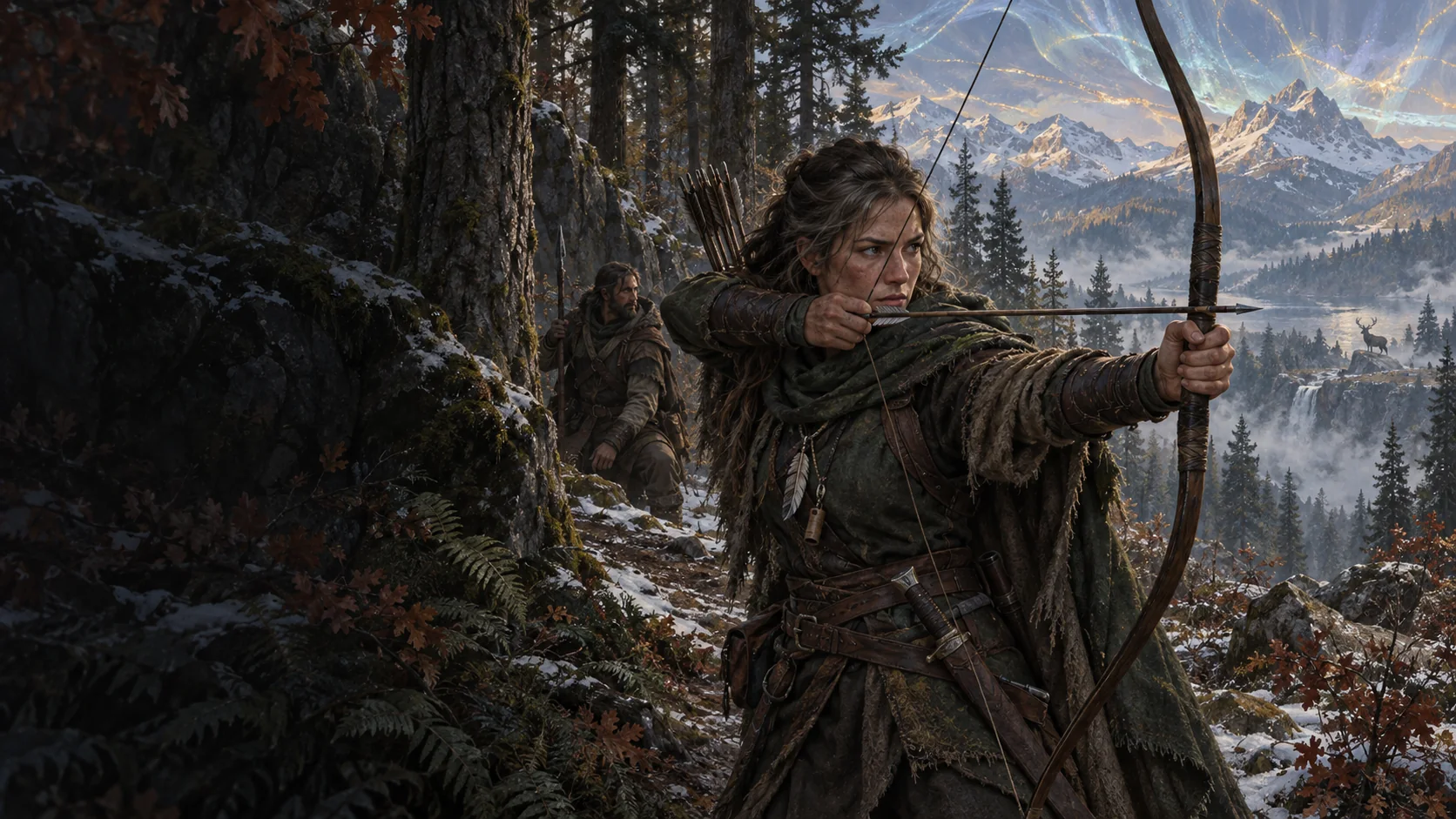A Ranger draws a strung bow along a forest trail while a companion watches behind.